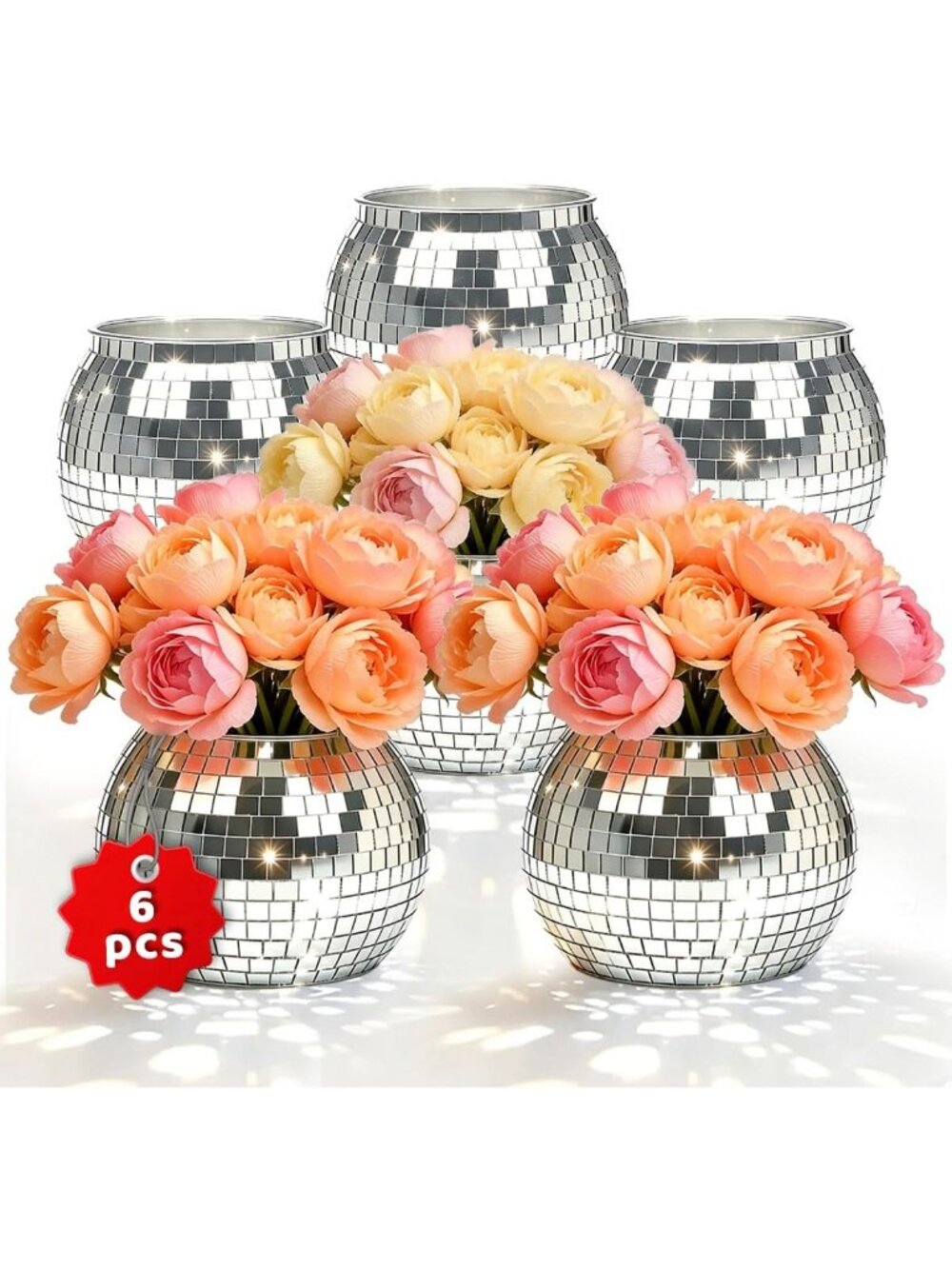 6 Pcs Silver Mirror Disco Ball Vases - 6" Centerpieces for Weddings & Parties